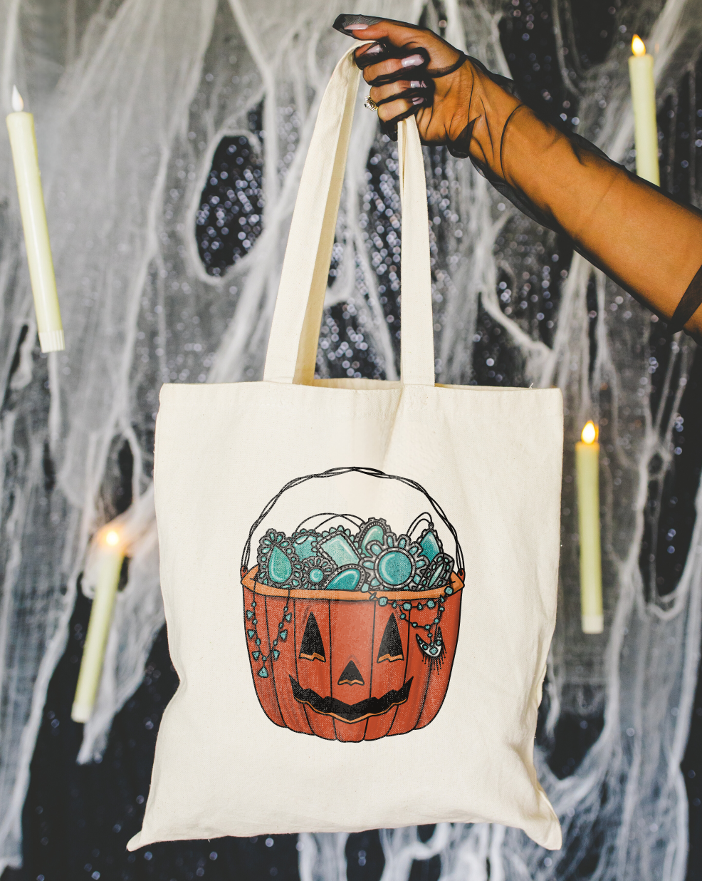 Turquoise Pumpkin Candy Bag Cotton Canvas Tote Bag