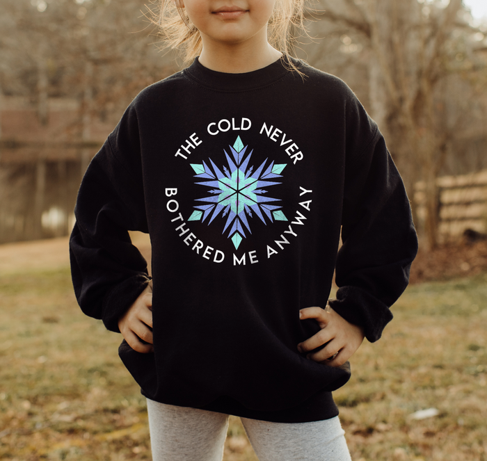 The Cold Never Bothered Me Anyway Gildan Youth Crewneck Sweatshirt