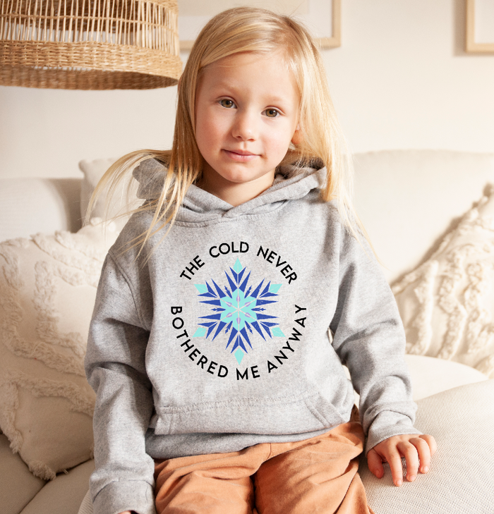 The Cold Never Bothered Me Anyway Gildan Youth Heavy Blend Hooded Sweatshirt